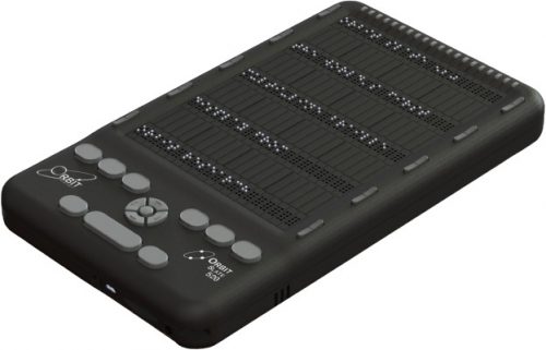 Photo showing an angled perspective view of the Orbit Slate 520. Shows the words "Orbit Slate 520" in braille on the braille display. The picture shows the Perkins-style keyboard on top of the unit, along with cursor routing buttons. On the end of each 5 braille display there are rocker keys for navigation and the right side of the unit shows a USB C port and USB A host port. On the left side, it also shows the SD card slot.