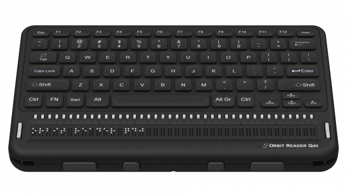 Photo showing front view of the Orbit Reader Q40 Refreshable 40-cell Braille Display with an integrated QWERTY keyboard. Shows the words "Orbit Reader Q40" in braille on the braille display. The picture shows the QWERTY keyboard on top of the unit, along with cursor routing buttons. On the front of the unit are 4 thumb keys for navigation.