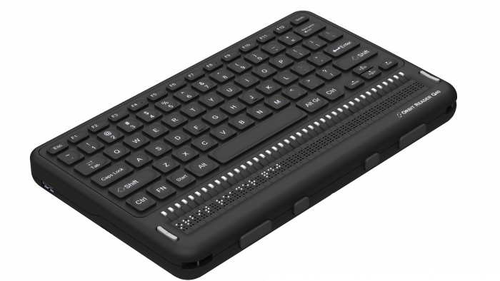 Photo showing an angled perspective view of the Orbit Reader Q40 Refreshable 40-cell Braille Display with an integrated QWERTY keyboard. Shows the words "Orbit Reader Q40" in braille on the braille display. The picture shows the QWERTY keyboard on top of the unit, along with cursor routing buttons. On the front of the unit are 4 thumb keys for navigation and the left side of the unit shows a USB host port.
