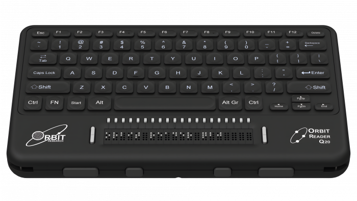 Photo showing front view of the Orbit Reader Q20 Refreshable 20-cell Braille Display with an integrated QWERTY keyboard. Shows the words "Orbit Reader Q20" in braille on the braille display. The picture shows the QWERTY keyboard on top of the unit, along with cursor routing buttons. On the front of the unit are 4 thumb keys for navigation.