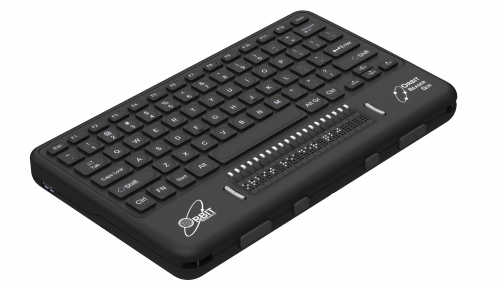 Photo showing an angled perspective view of the Orbit Reader Q20 Refreshable 20-cell Braille Display with an integrated QWERTY keyboard. Shows the words "Orbit Reader Q20" in braille on the braille display. The picture shows the QWERTY keyboard on top of the unit, along with cursor routing buttons. On the front of the unit are 4 thumb keys for navigation and the left side of the unit shows a USB host port.