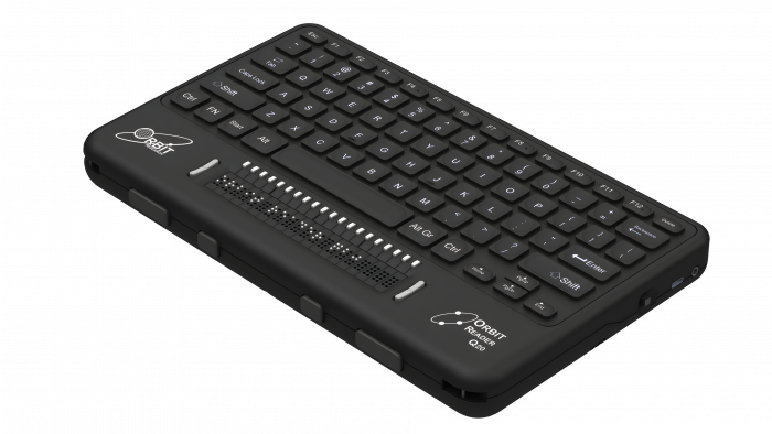 Photo showing an angled perspective view of the Orbit Reader Q20 Refreshable 20-cell Braille Display with an integrated QWERTY keyboard. Shows the words "Orbit Reader Q20" in braille on the braille display. The picture shows the QWERTY keyboard on top of the unit, along with cursor routing buttons. On the front of the unit are 4 thumb keys for navigation and on the right side it shows the power button, USB C port and audio jack.