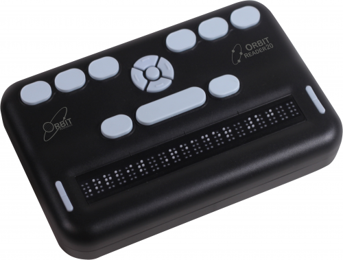 Photo showing an angled perspective view of the Orbit Reader 20. Shows the words "Orbit Reader 20" in the braille of the braille display. The picture shows the Perkins-style keyboard on top of the unit, along with rocker keys on each side of the braille display.