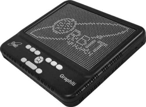 Photo showing an angled perspective view of the Graphiti Tactile braille display. Shows the words "Orbit Research Logo" in braille on the braille display. The picture shows the Perkins-style keyboard on top of the unit. The right side of the unit shows a power-on button and Audio Jack. On the left side, it also shows the SD card slot and LED light.