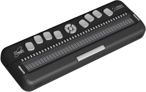 Photo showing an angled perspective view of the Orbit Reader 40. Shows the words "Orbit Reader 40" in the braille of the braille display. The picture shows the Perkins-style keyboard on top of the unit, along with cursor routing buttons. On the end of each braille display there are rocker keys for navigation and the left side of the unit shows USB A host port. It also shows the strap-hole.